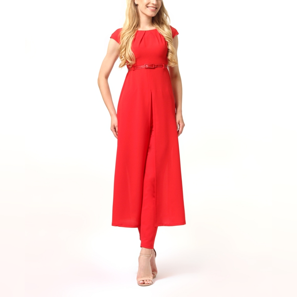 Lada Lucci Red Belted Slit-Hem Tunic & Straight-Leg Pants